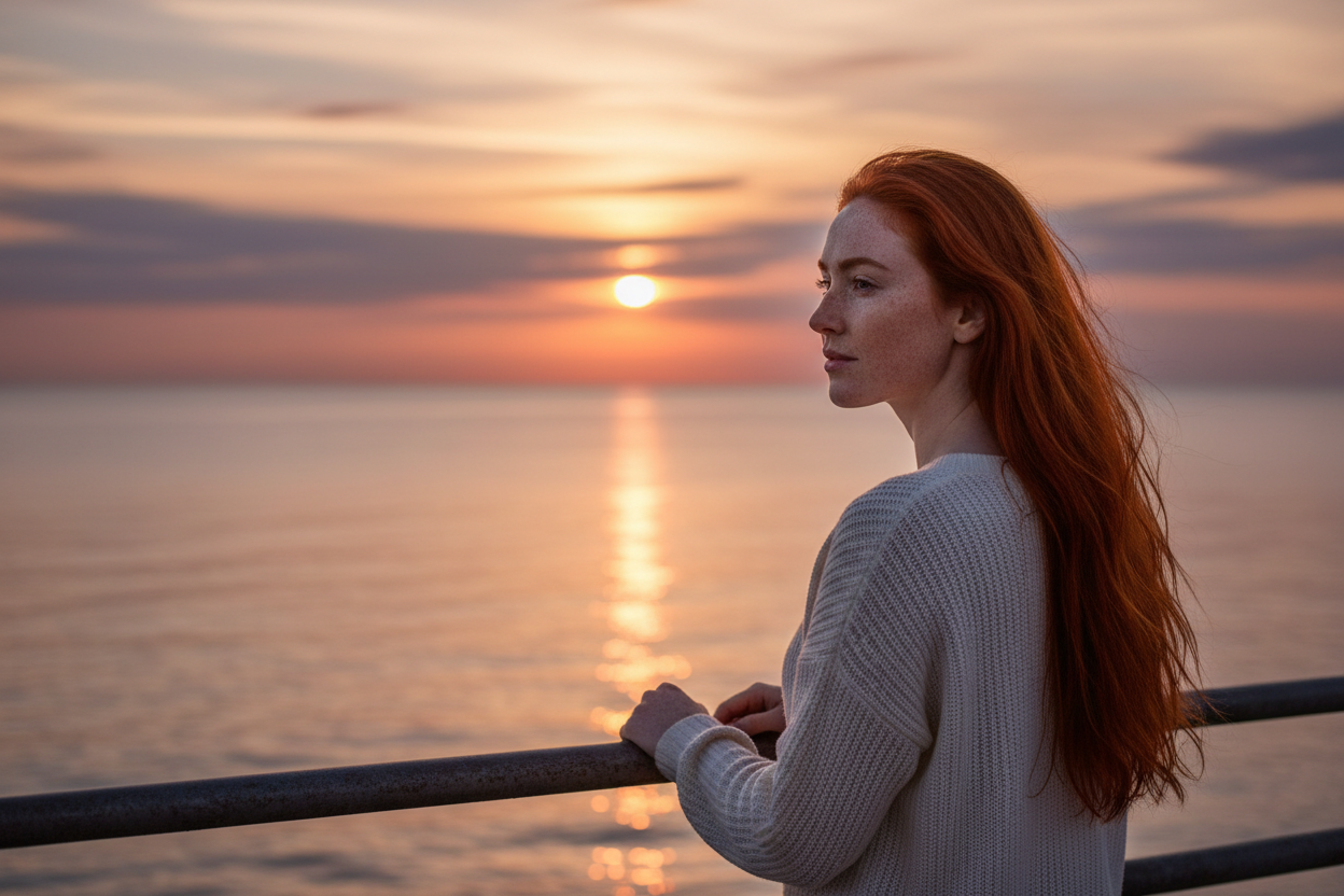 eine frau mit roten langen haaren, sommersproßen, weißer hautfarbe for einem geländer, im hintergrund wasser und ein sonnenuntergang